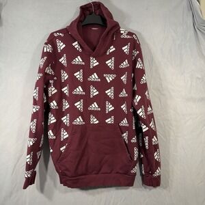 Adidas Hoodie Mens Large Red Geometric Pocket All Over Logo Pullover Sweatshirt